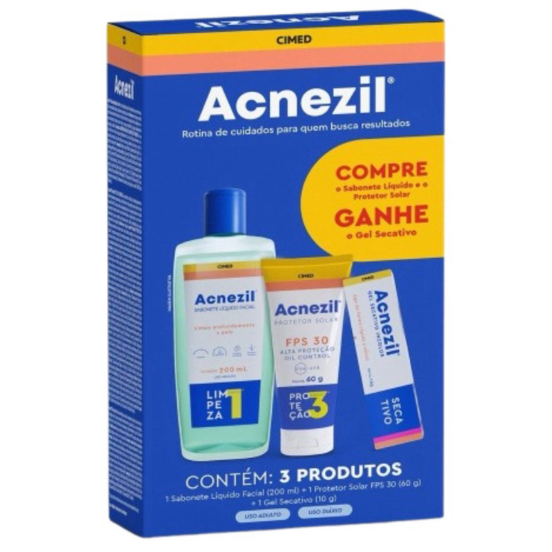 Kit Acnezil Protetor solar + Sabonete líquido + Gel secativo em Oferta na Shopee