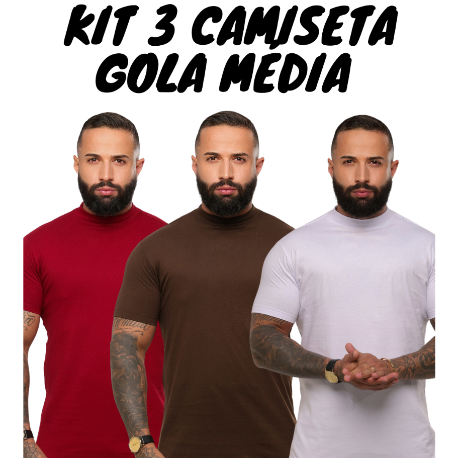 kit 3 Camisetas Gola Média Masculina Premium 100% Algodão Camisa Gola Alta Slim em Oferta na Shopee