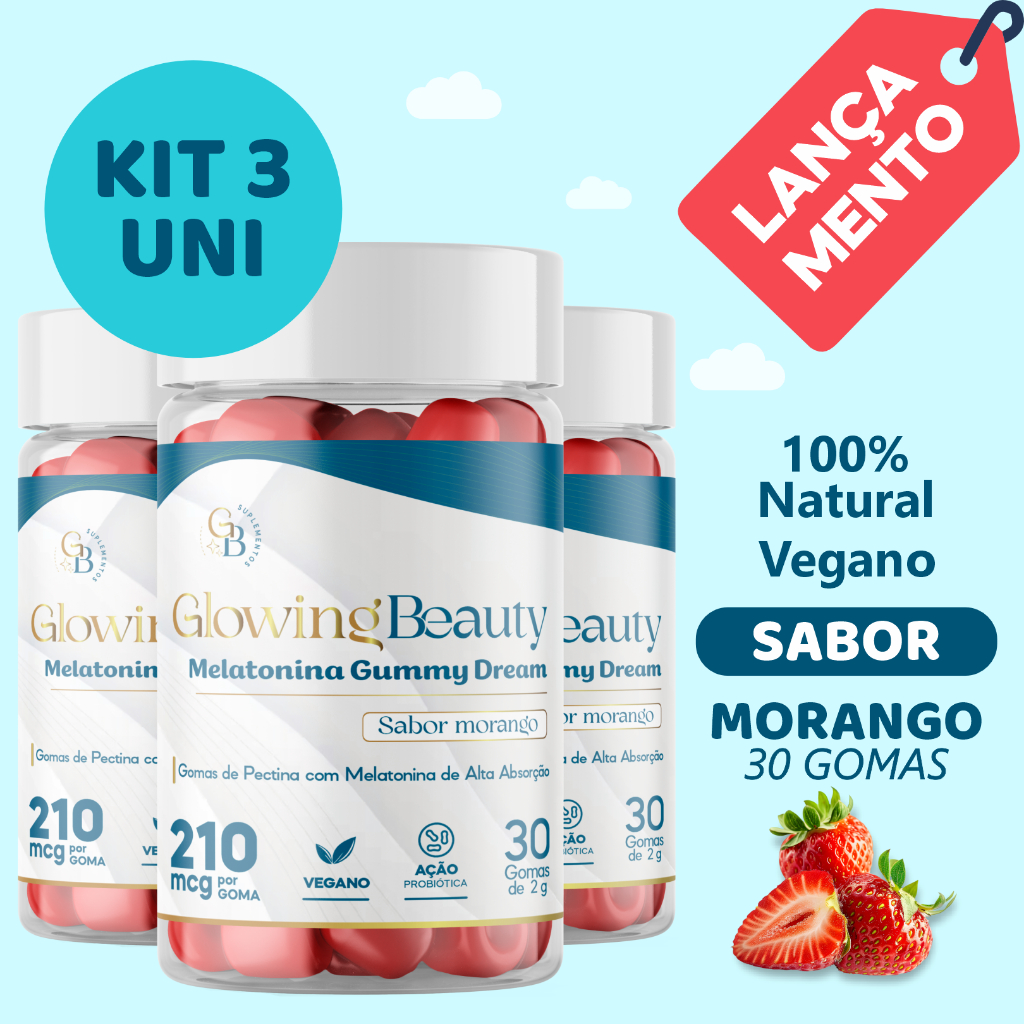 Kit 3 Potes - Melatonina Gummy Dream | Glowing Beauty | Melatonina + Magnésio | 100% Natural | Sabor Morango | 30 Gomas