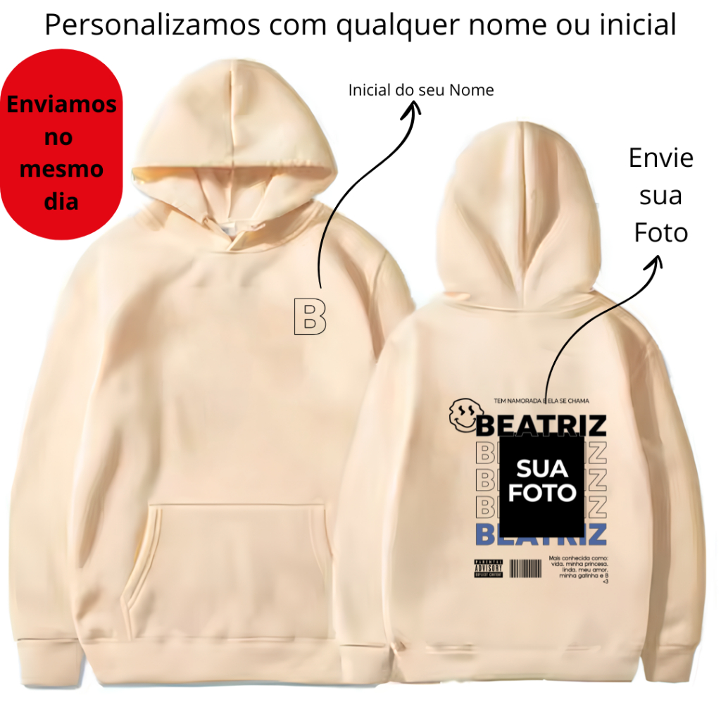 Casaco Moletom Personalizado Canguru Com Capuz Estampa Frase Sua Arte Frio Premium Tik Tok Casal