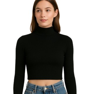 Blusa Feminina Gola Alta Manga Longa Ribana Canelada Premium