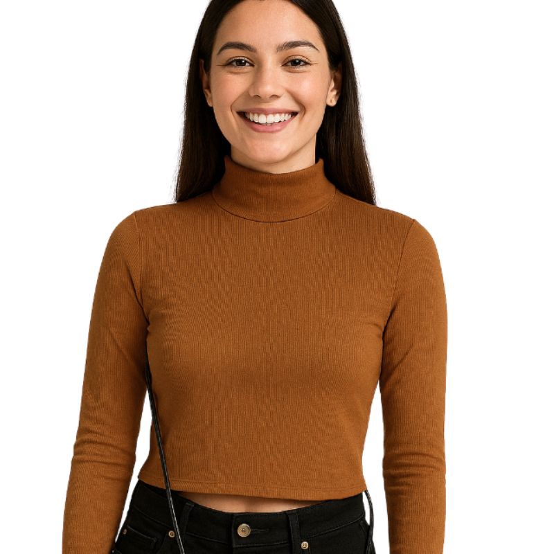 Blusa gola Alta Manga Longa Cacharrel Blusinha basica Ribana canelada Cropped feminina Tecido