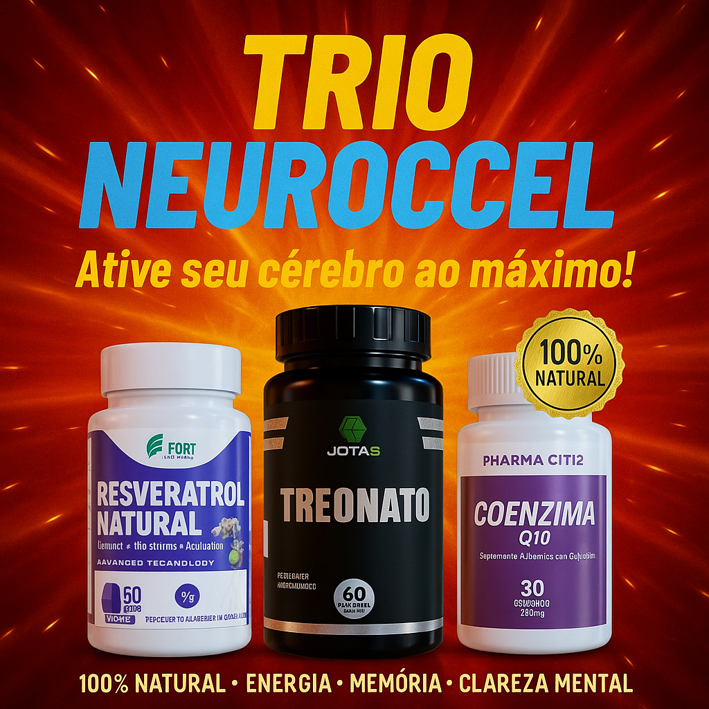 NeuroCell Kit Natural para Foco Memória e Energia Resveratrol Magnésio L-Treonato Coenzima Q10 200mg