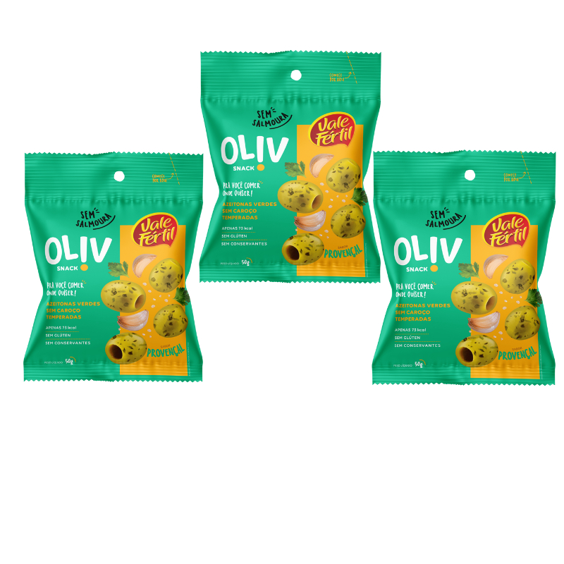 Kit 03 Snack De Azeitona Verde S/ Caroço Provençal Oliv Pacote 50G Vale Fértil