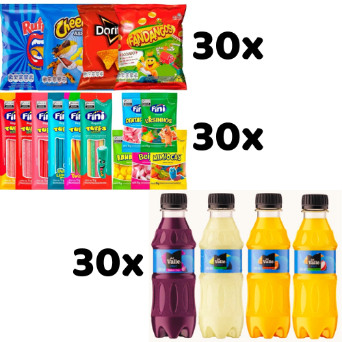 Kit 90 Itens - 30 Salgadinhos Elma Chips + 30 Sucos Del Valle 200ml + 30 Finis em Oferta na Shopee