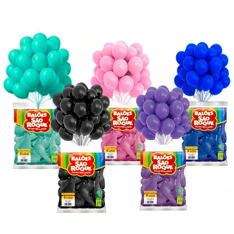 Balão São Roque 9 Polegadas 50 unidades Diversas Cores Látex Bexiga Premium Padrão
