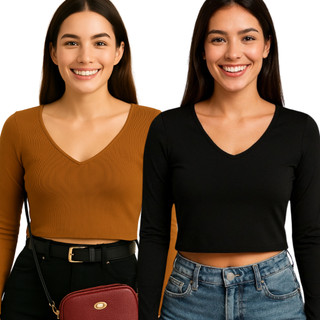 KIT 2 Blusas Femininas Gola V Cacharrel Manga Longa Tecido Ribana canelada Segunda pele Malha Ribana Gola V