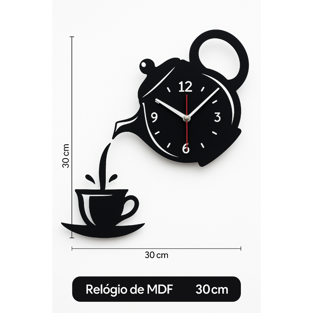 Relógio de Parede MDF Café 30cm – Bule e Xícara Decorativo Cozinha Vintage