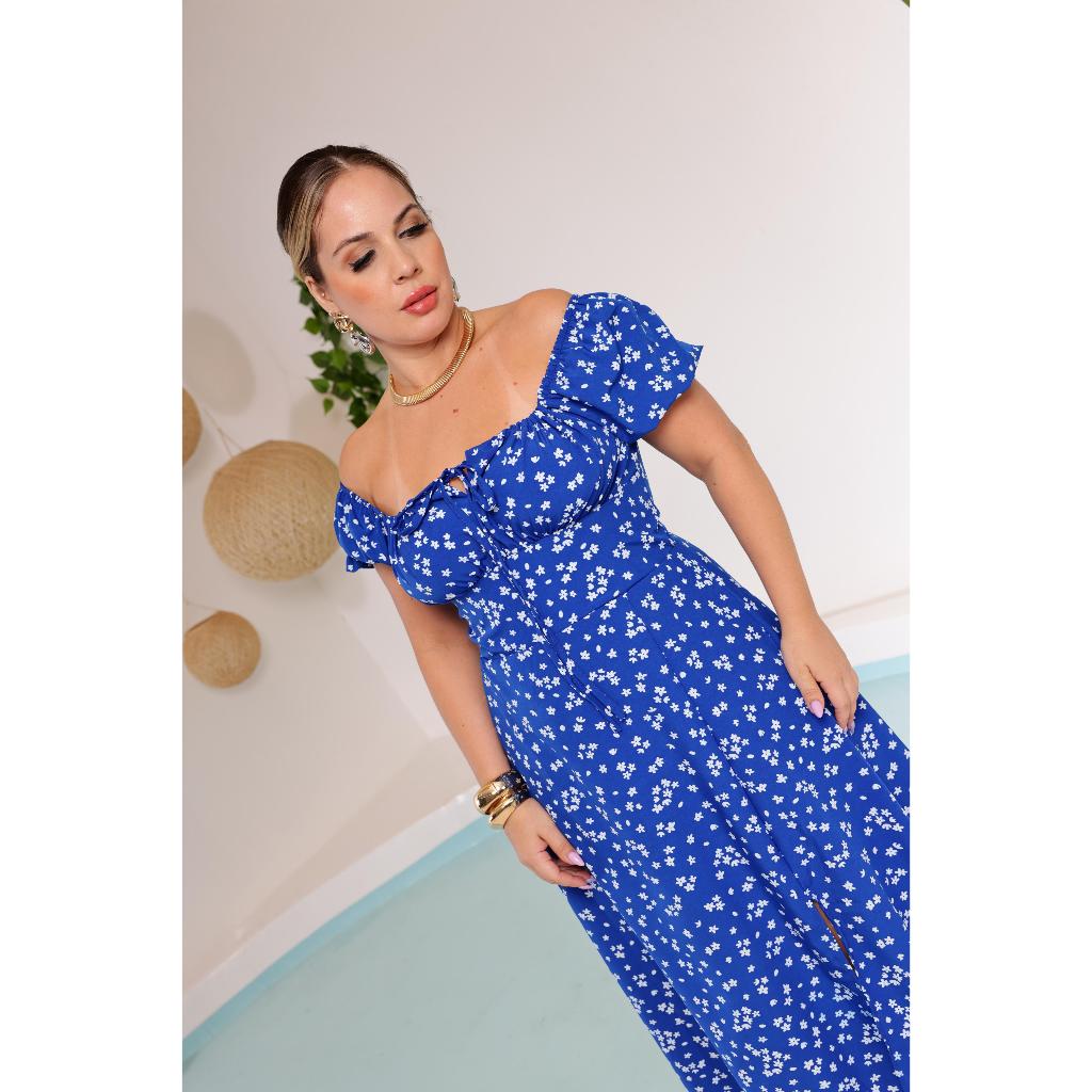 Vestido Midi Feminino Camponesa  Estampa Floral Manga Curta. em Oferta na Shopee