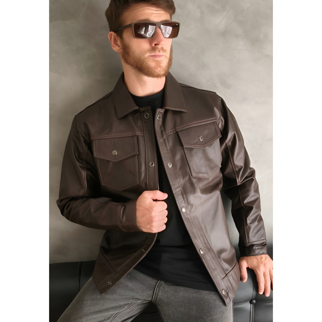 Jaqueta Masculina Couro legítimo bovino premium linha 1 style 2 bolsos marrom café
