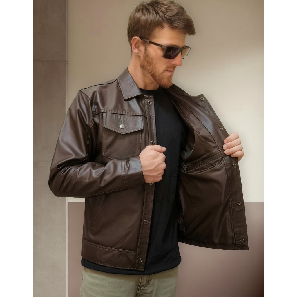 Jaqueta Couro legítimo Masculina Design 2 bolsos preta estilosa