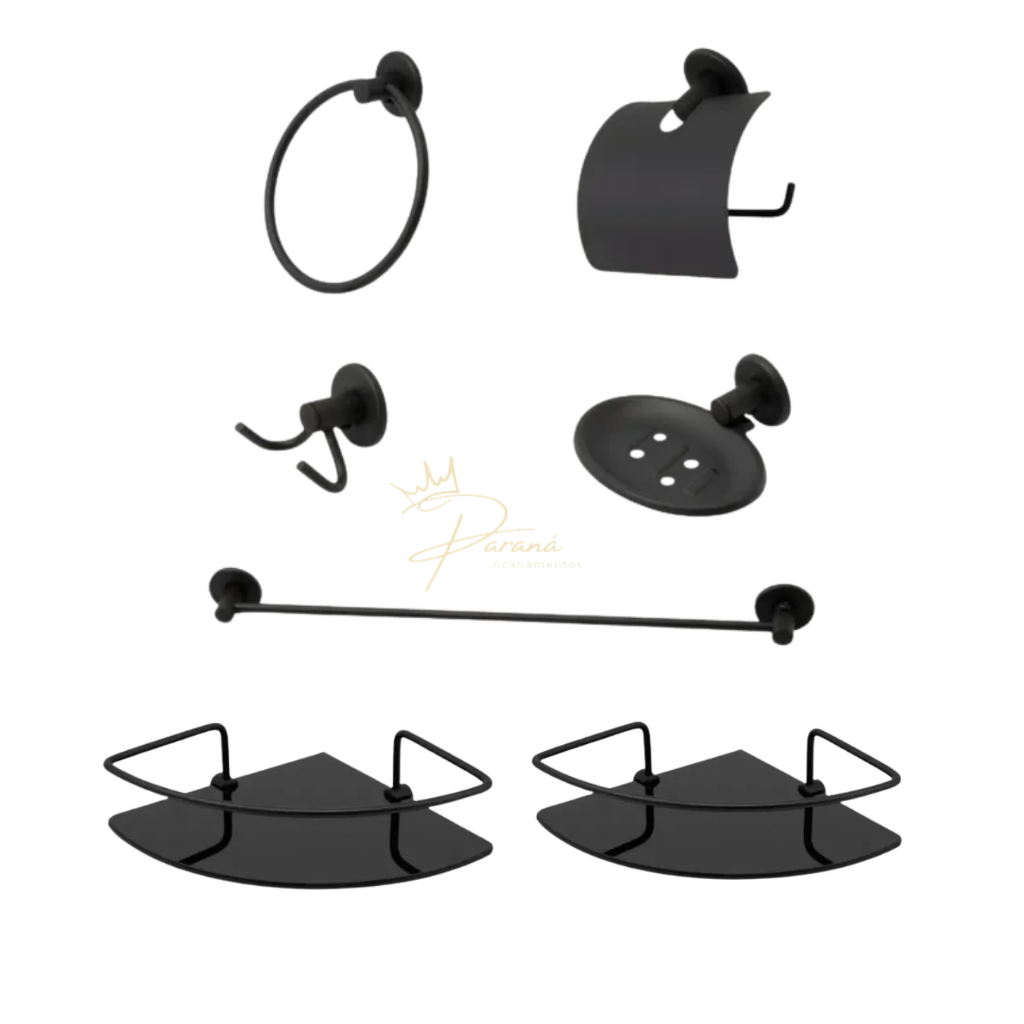 Kit Stander 05 Peças Para Banheiro + 02 Porta Shampoo Canto Preto