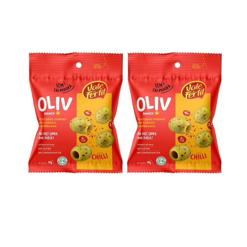 02 Snack De Azeitona Temperada Sabor Chilli Oliv 50gr Vale Fértil