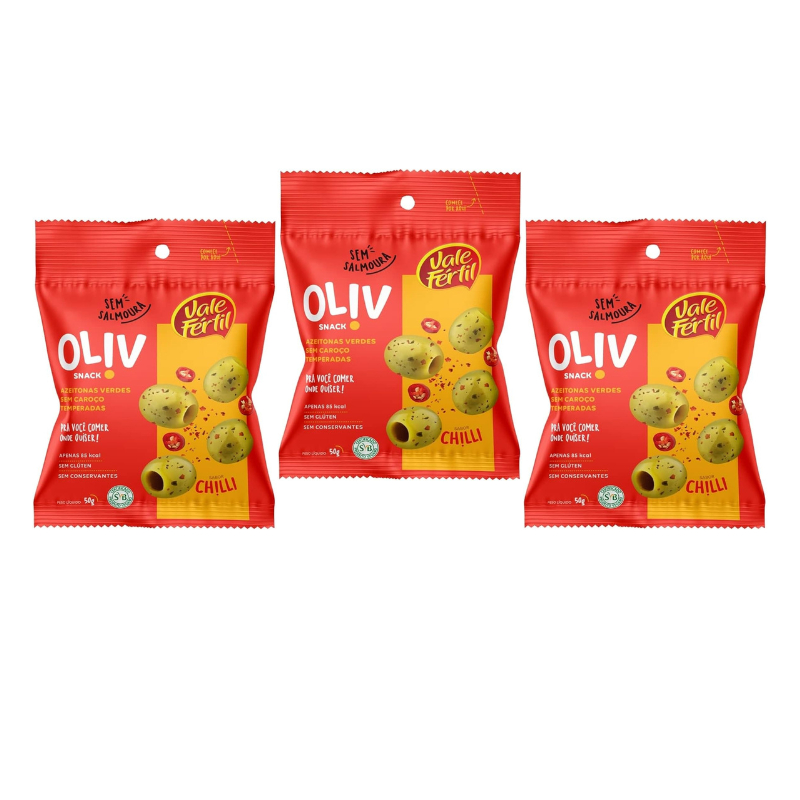Kit 03 Snack De Azeitona Temperada Chilli Oliv 50gr Vale Fértil