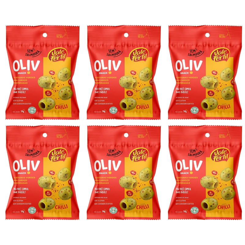 Kit 06 Snack De Azeitona Temperada Sabor Chilli Oliv 50gr Vale Fértil