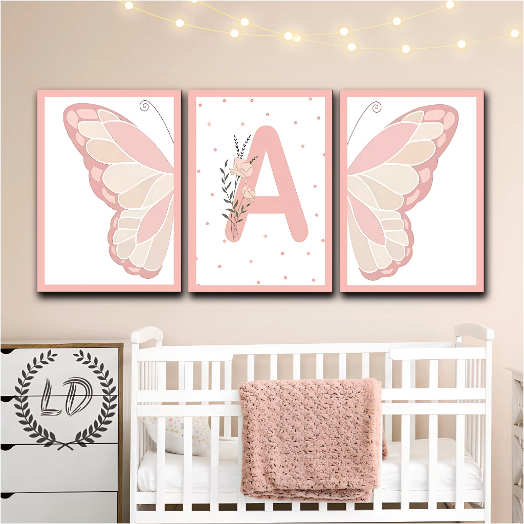 Quadro Decorativo Trio Infantil Feminino Letra Personalizada Borboleta Rosa