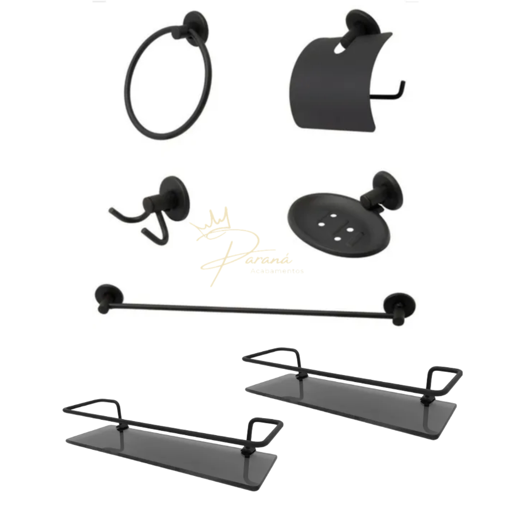 Kit Para Banheiro Stander 07 Peças Preto Porta Shampoo Reto