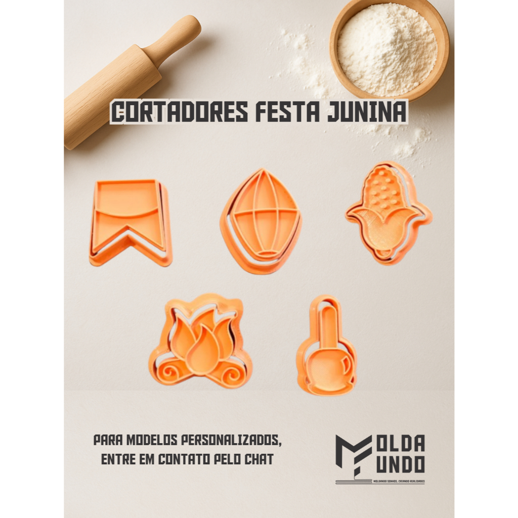 Kit com 5 Cortadores de Bolacha/Biscoito de Festa Junina Bandeirinha com Puxador - impressão 3D