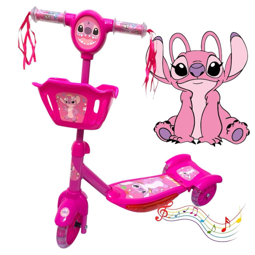 Patinete Infantil 3 Rodas Menina Stitch Musica C/Cesta Luz Musica Promoção Menor Preço