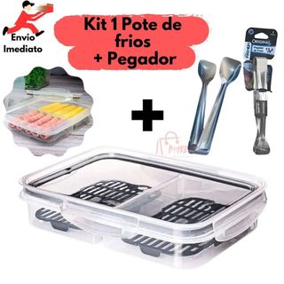 Pote de Frios Hermético com 2 Divisórias Com Escorredor Tampa Com Trava + Pegador De Frios Original