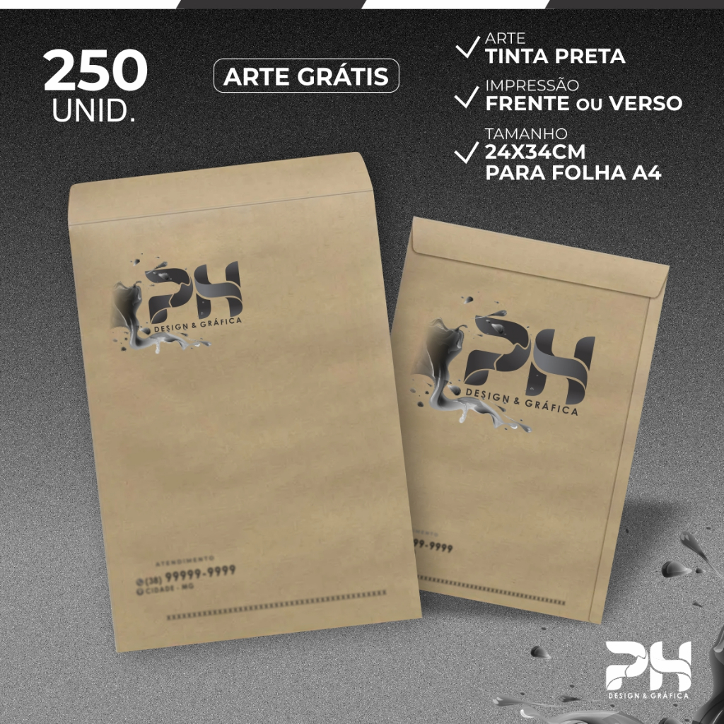 250 Envelopes Pardos Personalizados A4 - Arte Grátis - Com sua Logomarca Tinta preta