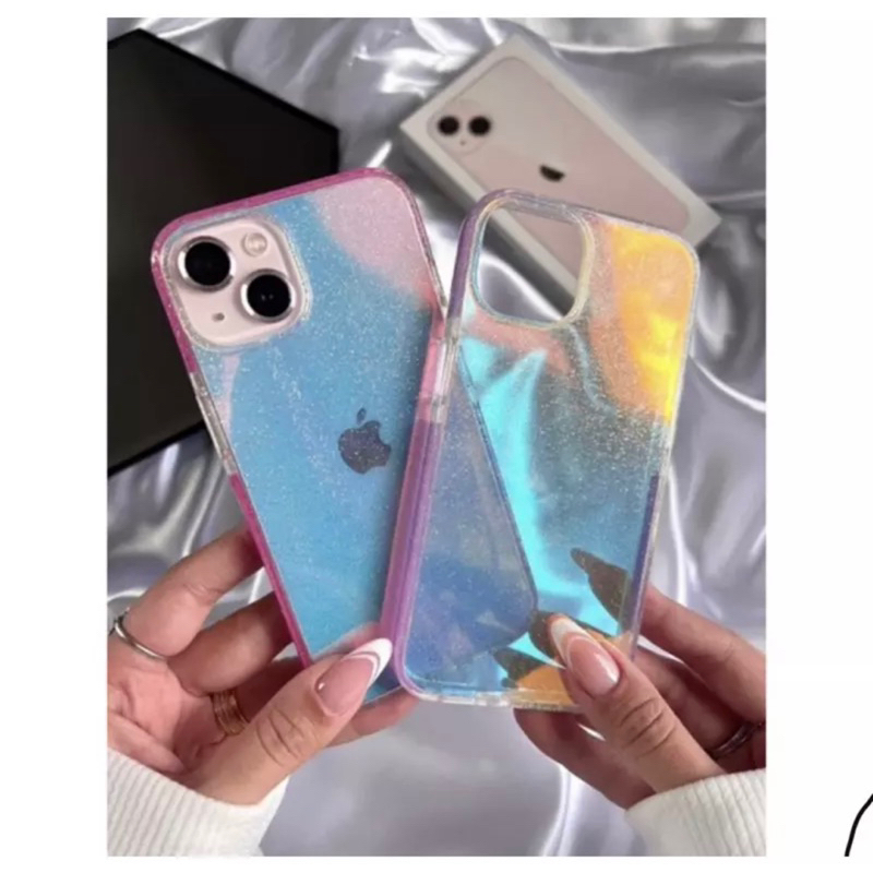 Capa Capinha Holográfica Com Glitter  Borda Colorida Para IPhone XR 11 12 13 14 15 16 17