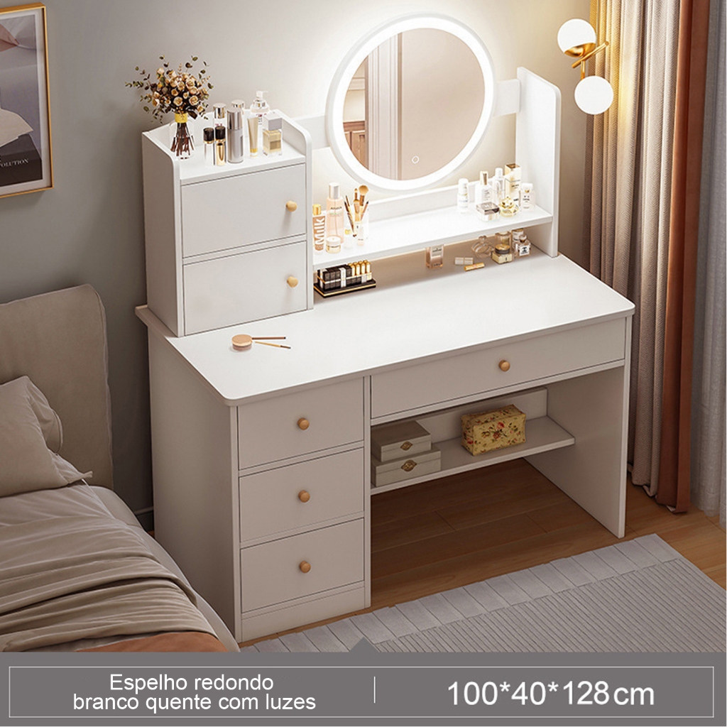 Penteadeira de quarto com 4 Gavetas e 2 Portas mesa de maquiagem multifuncional LED branca Yesop · foto 2