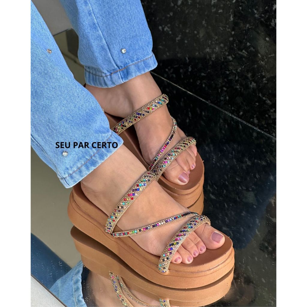 sandália papete feminina plataforma birken alta brilho strass 069 ultra confortável luxo lançamento