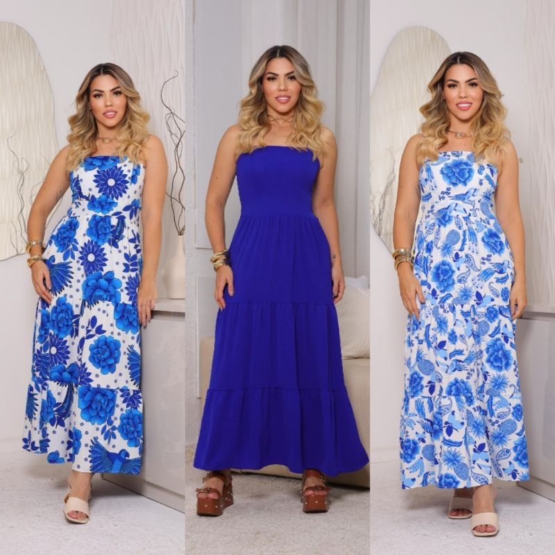 Vestido longo feminino com lastex nas costas, estampado e liso.