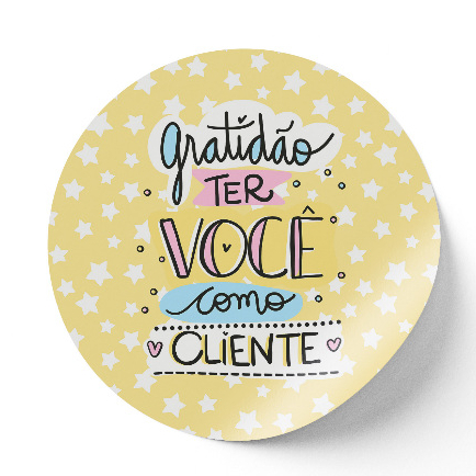 Tag Adesiva Redonda "Gratidão ter você como cliente" | Impressão de Alta Qualidade | Fundo amarelo com estrelas brancas