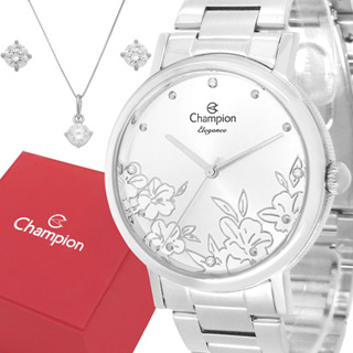 Relógio Champion Feminino PrataProva d'água com 1 ano de garantia e colar e brincos em Oferta na Shopee