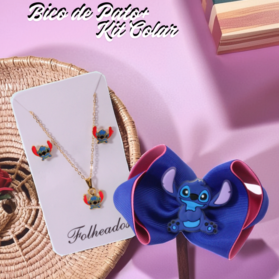 Kit Infantil Bico de Pato + Colar e Brinco do Stitch | Bijuteria Ouro e Prata
