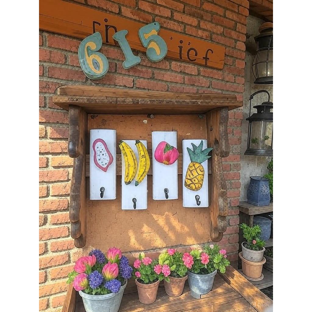 Moldura porta chaves com mini quadros de frutas e ganchos  em super aço inoxidável para parde