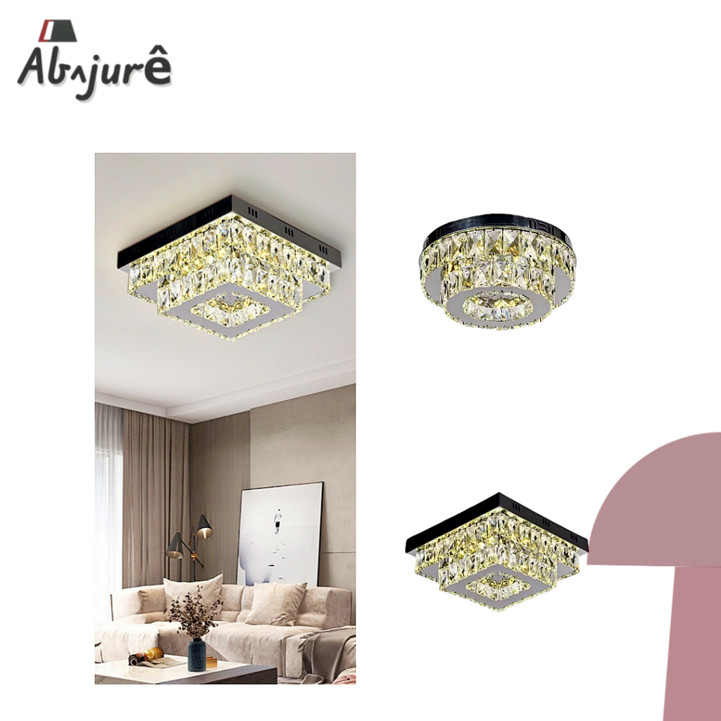 Lustre Cristal Quadrado/Redondo  Plafon INOX LED 36W 3CORES Bivol Luminária Anel Arcos Cristal Luxo em Oferta na Shopee