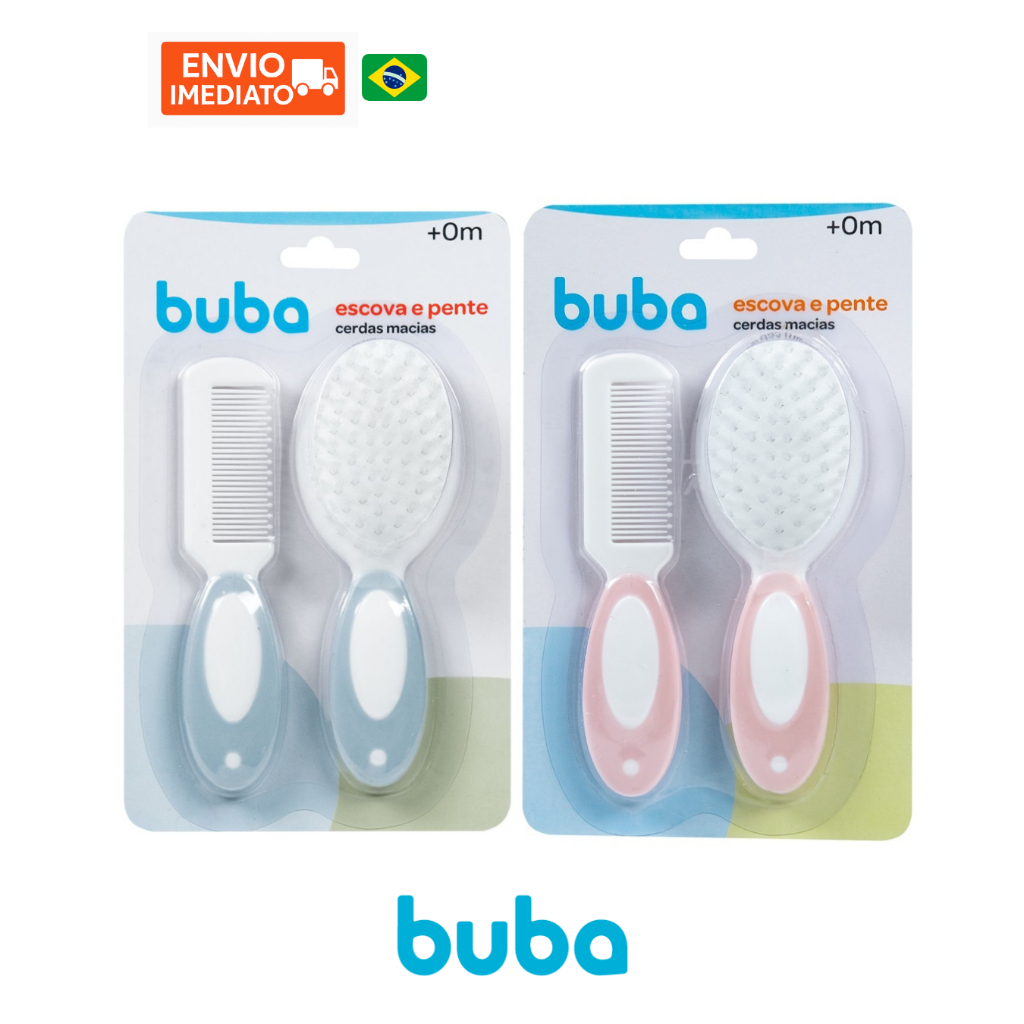 Kit Escova E Pente Macias Buba Pontas Arredondadas Para Cabelo Bebe Infantil Azul Rosa Cinza