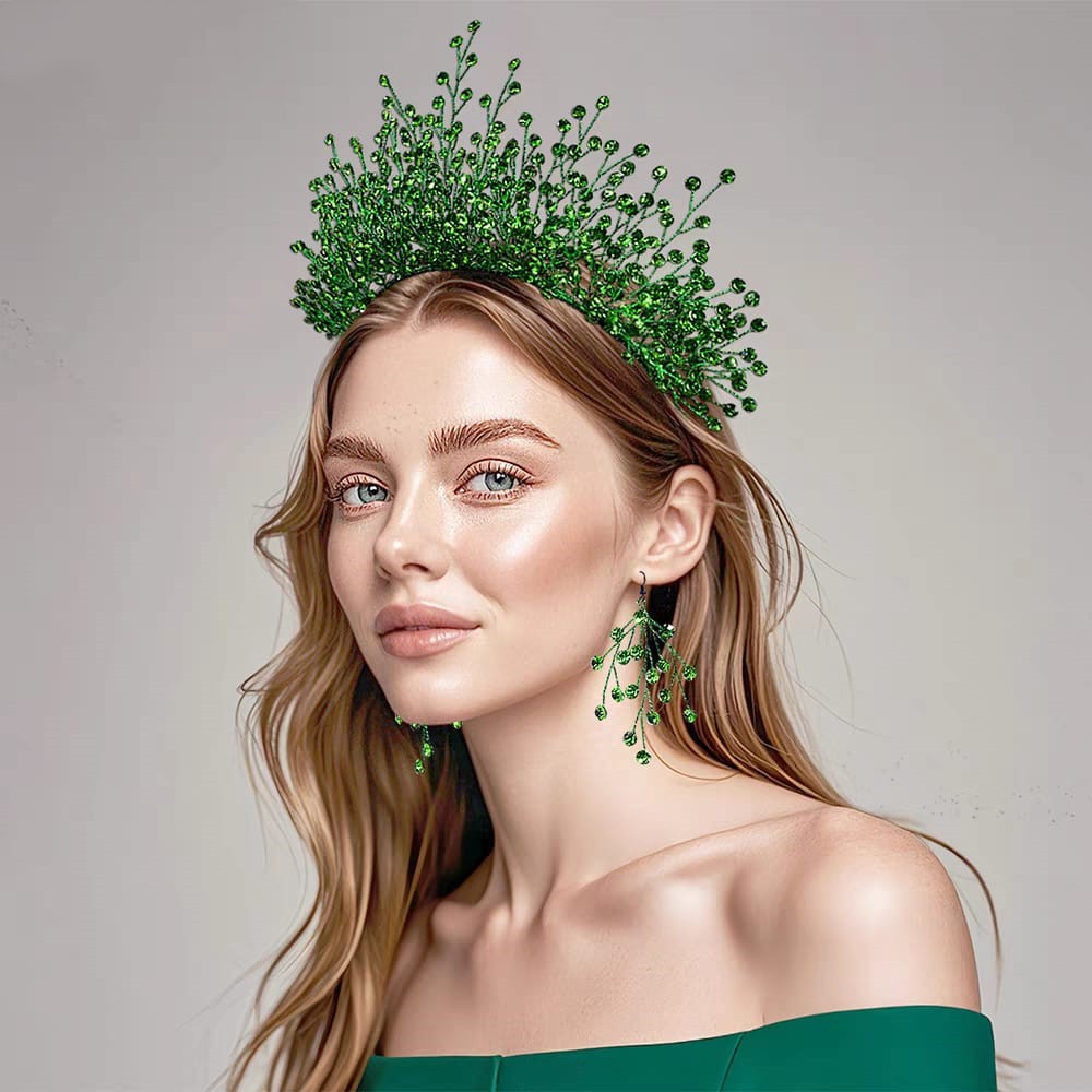 Kit Coroa Tiara Porta Coque Rainha Verde + Brincos Para Penteado Noiva Casamento Miss Rainha Vintage