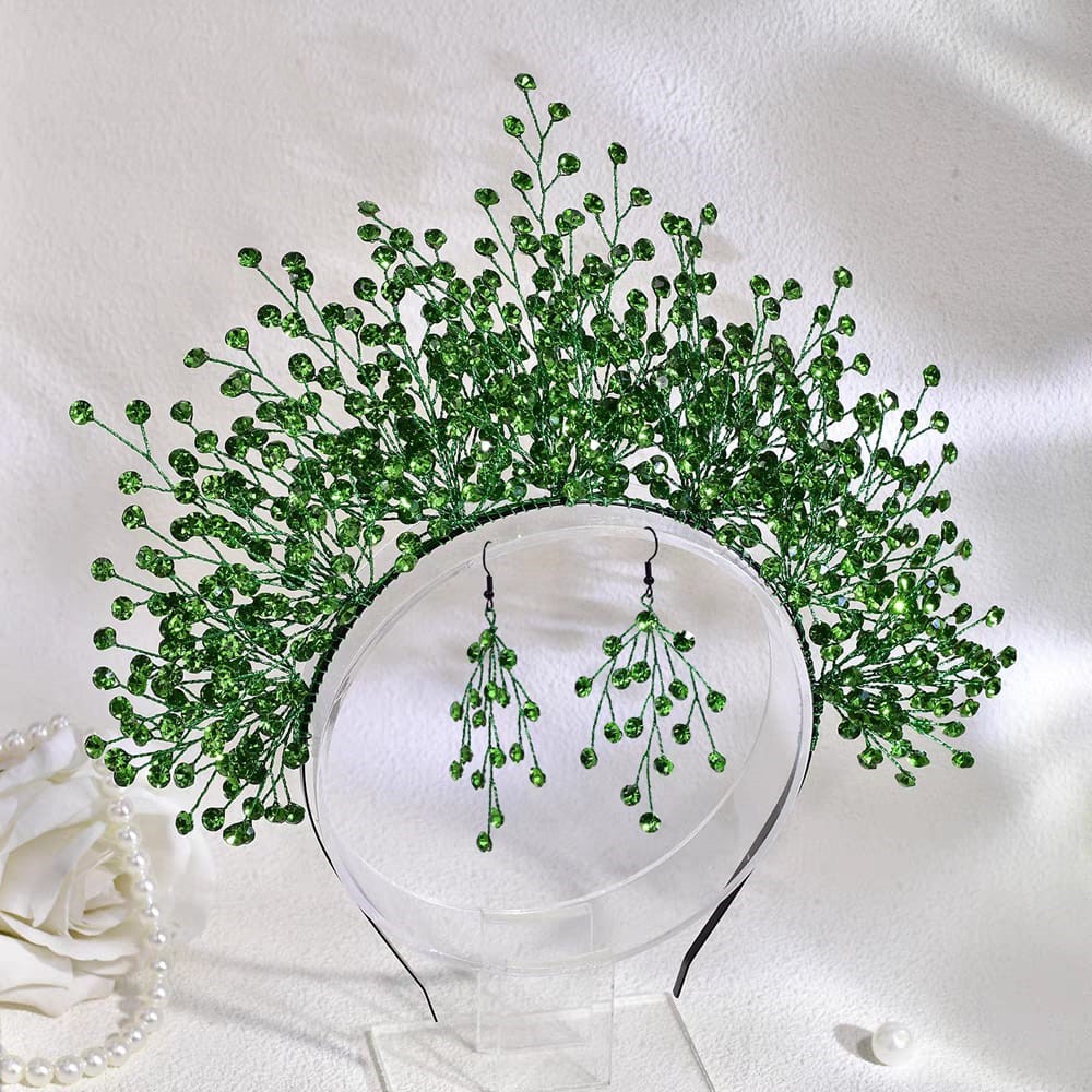 Kit Coroa Tiara Porta Coque Rainha Verde esmeralda + Brincos Para Penteado Noiva Casamento Miss Rainha Vintage