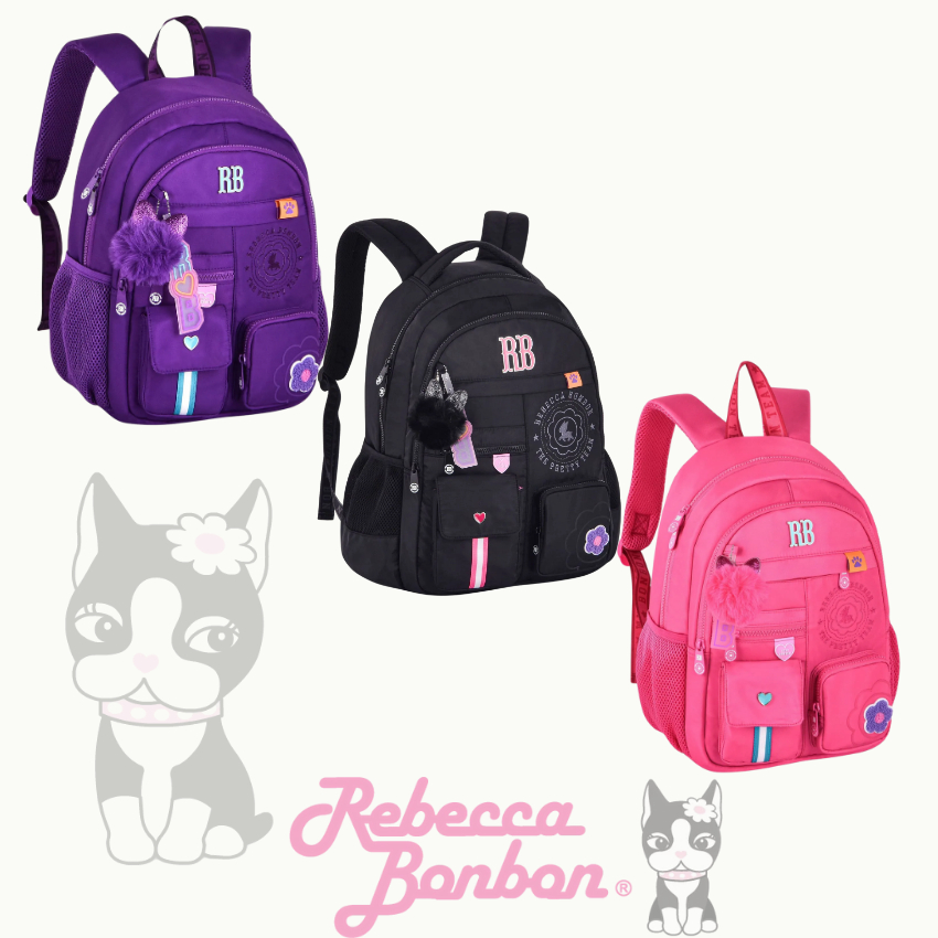Mochila Escolar Rebecca Bonbon com faixa colorida Estampa flor RB24545 Rebeca Bombom Clio