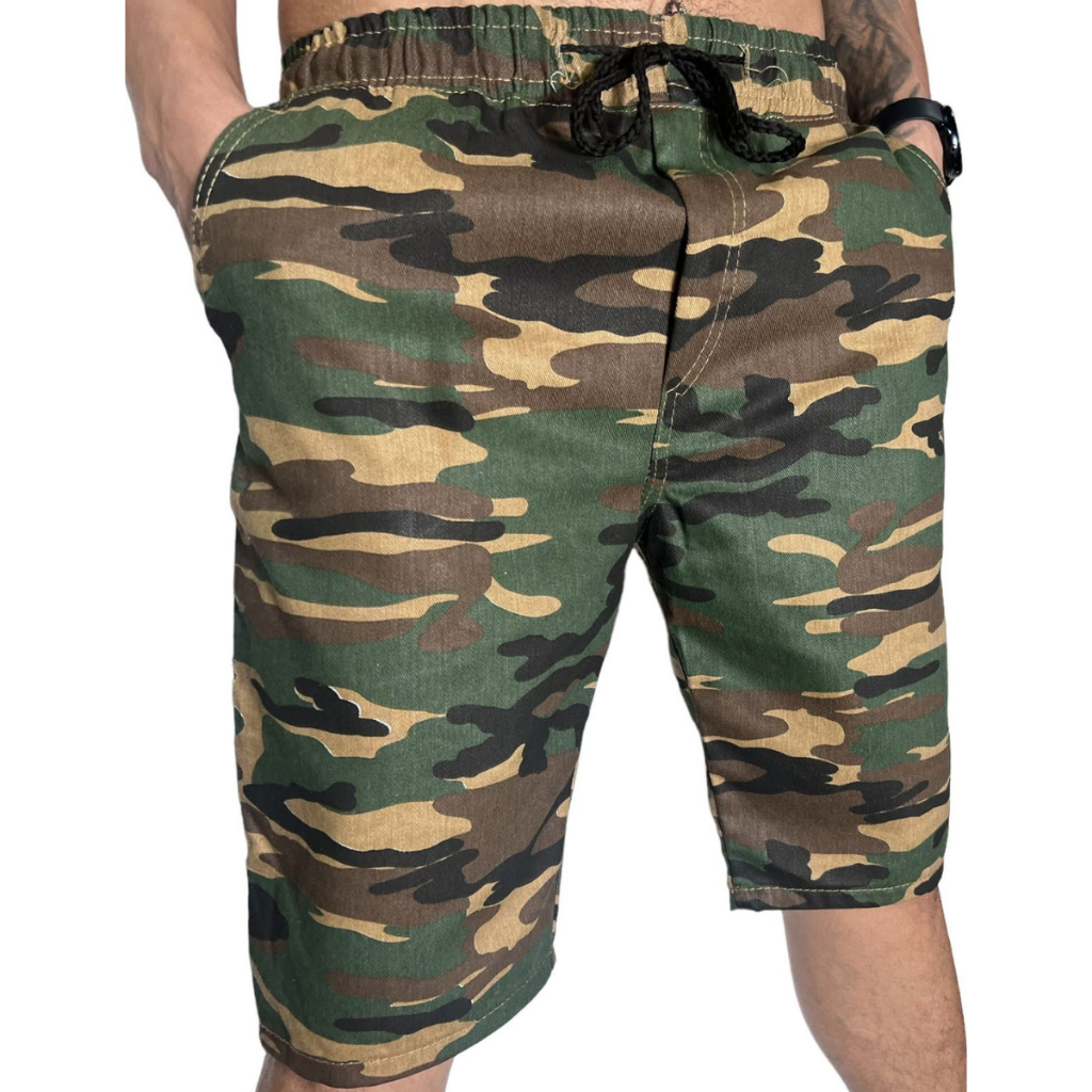 Bermuda Masculina Camuflada Adulto Short Sarja Militar com Cordão Elástico