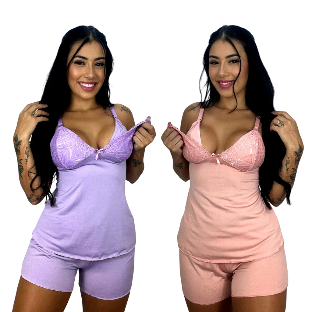 Kit 2 Baby Doll Amamentação Com Click Abre Fácil Gestante Pós Parto Pijama Para Amamentar Com Renda Short Dool