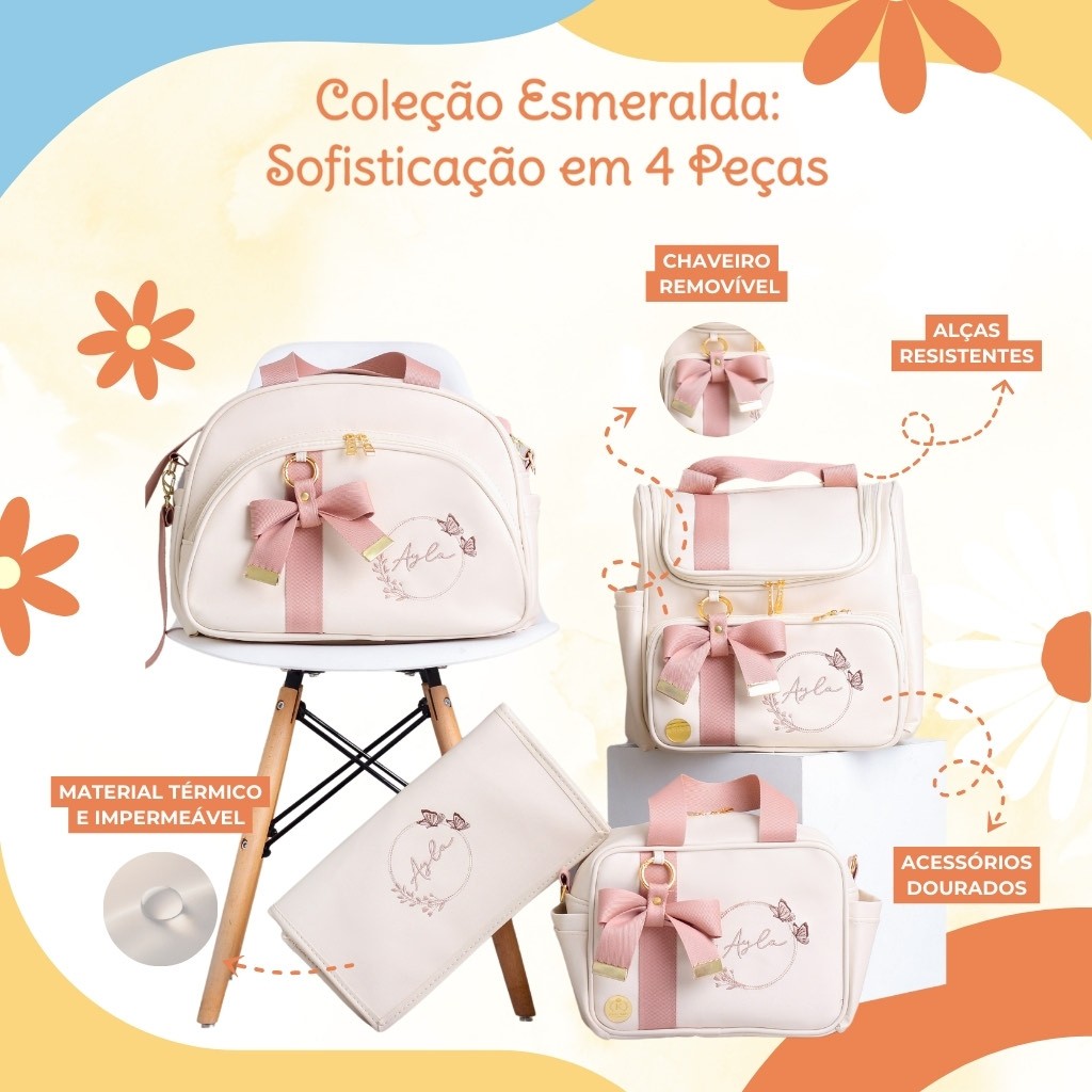Kit Bolsa Maternidade 4 Peças Personalizado / Coleção Esmeralda, Estação Mamãe e Bebê.