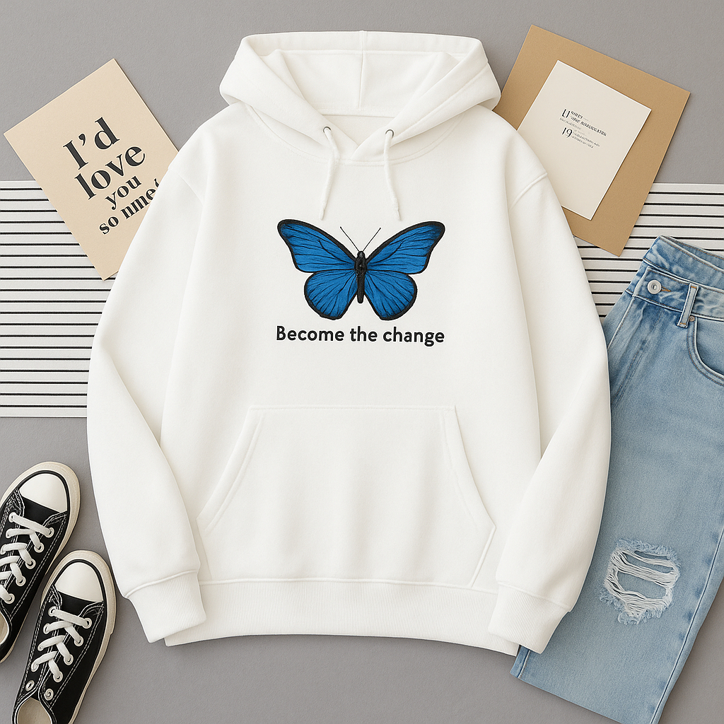 Moletom Canguru Unissex Borboleta Become The Change Moda Tumblr Fancy EUA Branco