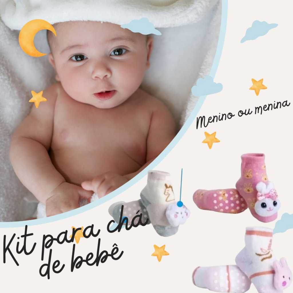 Meias de Bebê com Chocalho 2D – Antiderrapante – Presente Chá de Bebê Menino ou Menina
