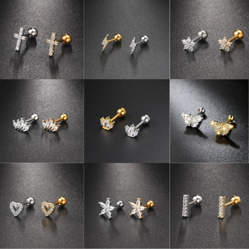 Piercing Orelha Aço inox Tragus Helix  Cartilagem zirconia Microbell Cruz Coracação Flor e outros em Oferta na Shopee