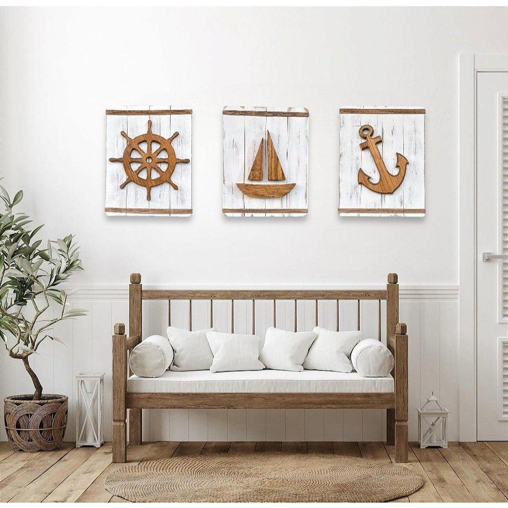Kit 3 Quadros Náuticos Timão, Âncora e Veleiro em Madeira Decoração Náutica Praia