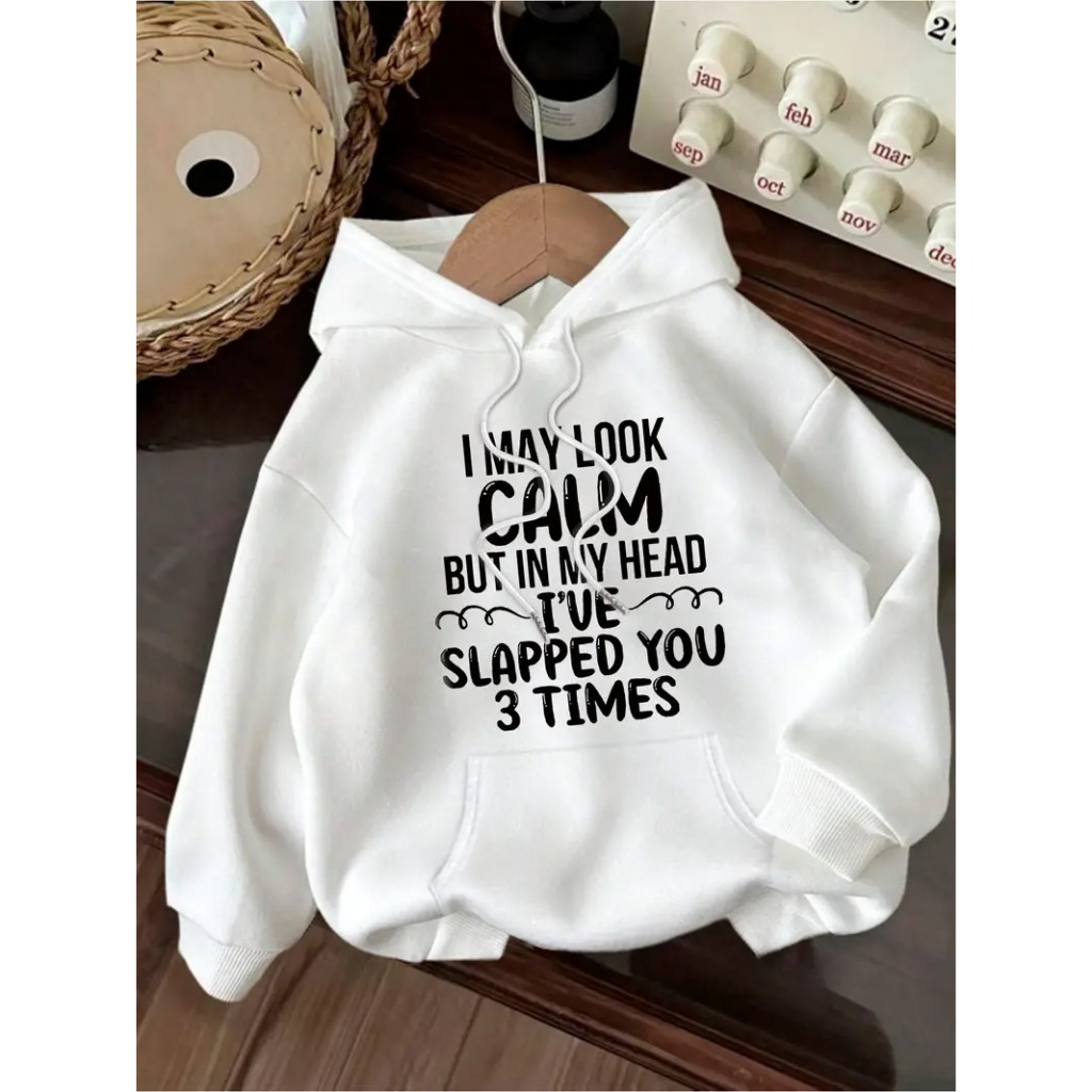 Moletom Casual Impressão de Letra - Hoodie Fofinho com Cordão para Outono e Inverno, Preto com Texto Branco, de Poliéste