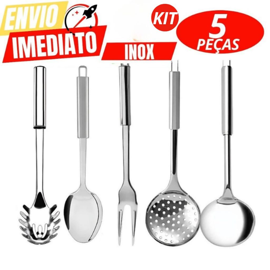 Kit Com 5 Peças De Utensílios Cozinha Aço Inox Escumadeira Concha Colher De Arroz Pegador Massa Garfo Garfo Trinchante