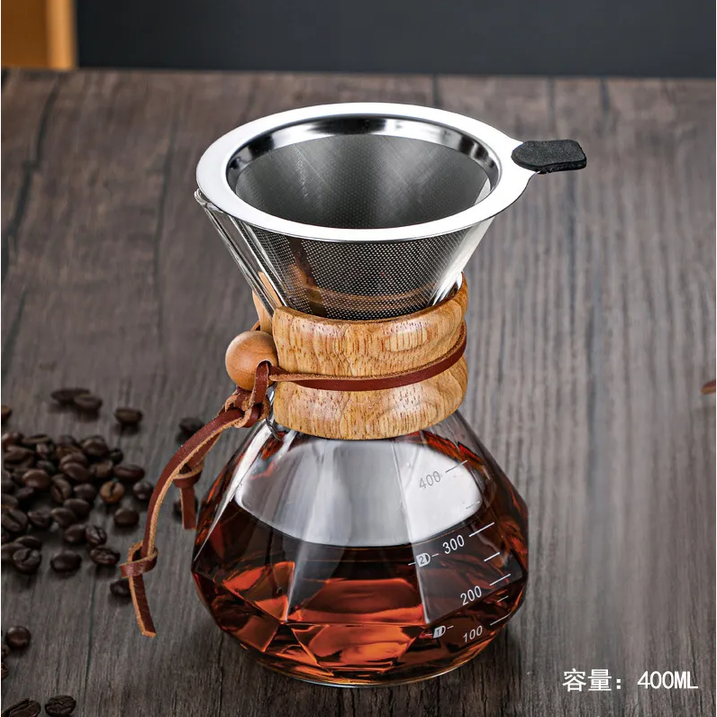 Cafeteira De Vidro borossilicato Com Detalhe Em Madeira 400ML