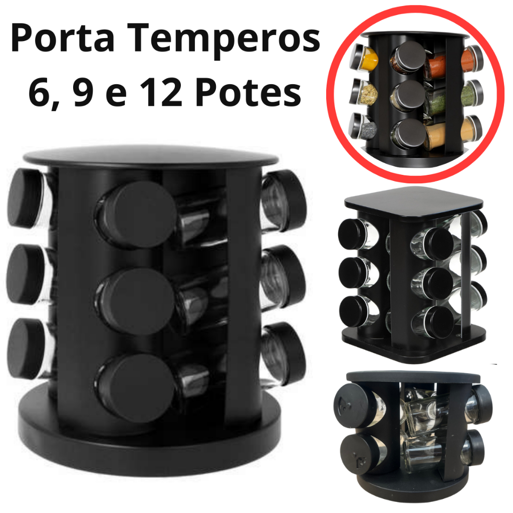 Porta Temperos Condimentos Giratório 6, 9, 12 Potes Vidro 90G com Tampa Dosadora Preto Cozinha em Oferta na Shopee