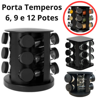 Porta Temperos Condimentos Giratório 6, 9, 12 Potes Vidro 90G com Tampa Dosadora Preto Cozinha em Oferta na Shopee